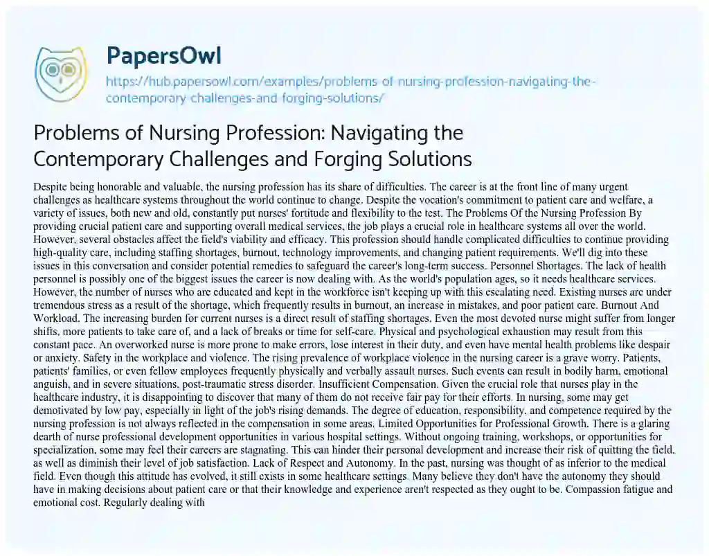 Essay on Problems of Nursing Profession: Navigating the Contemporary Challenges and Forging Solutions