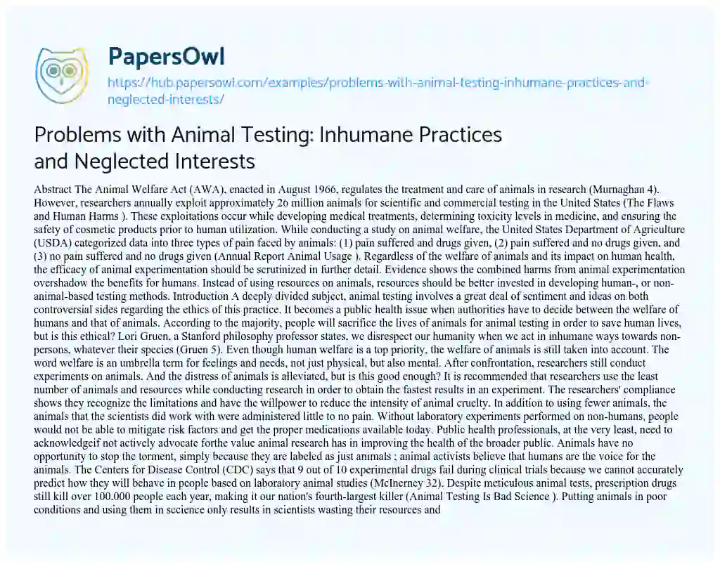 Essay on Problems with Animal Testing: Inhumane Practices and Neglected Interests