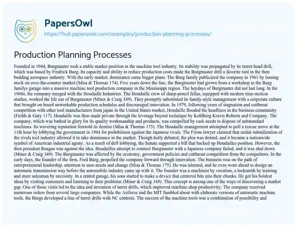 Essay on Production Planning Processes