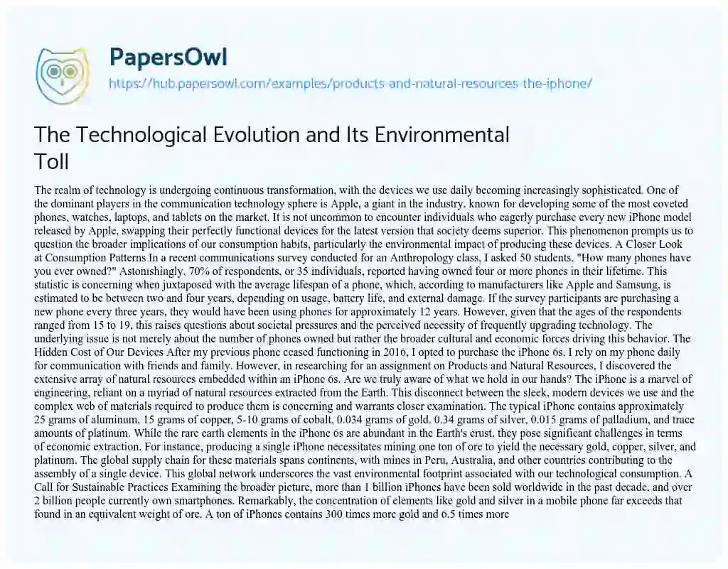 Essay on The Technological Evolution and Its Environmental Toll