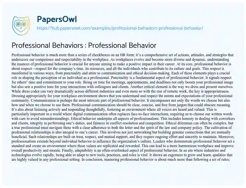Essay on Professional Behaviors : Professional Behavior