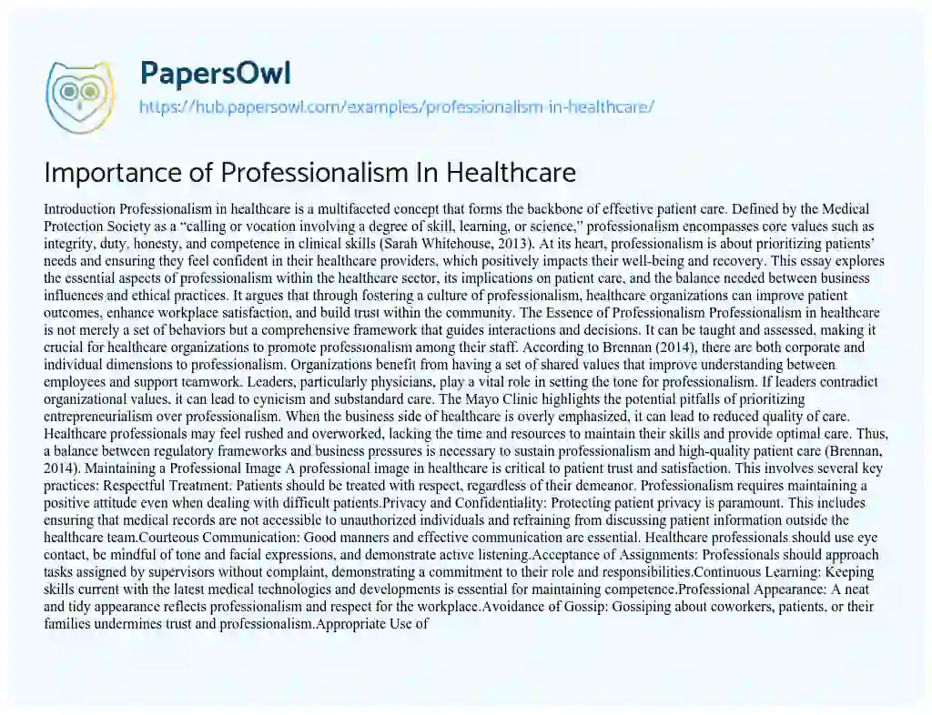 Essay on Importance of Professionalism In Healthcare