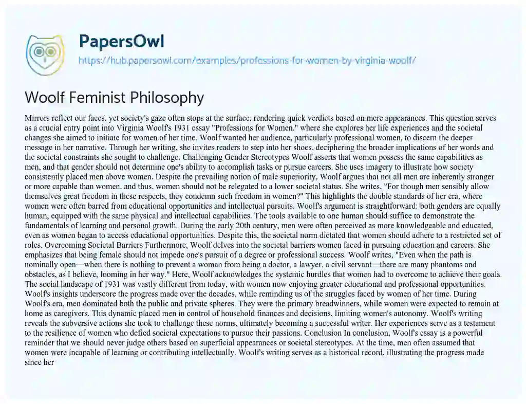 Essay on Woolf Feminist Philosophy