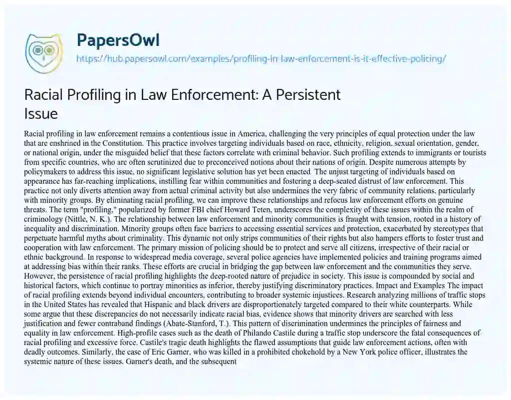 Essay on Racial Profiling in Law Enforcement: A Persistent Issue
