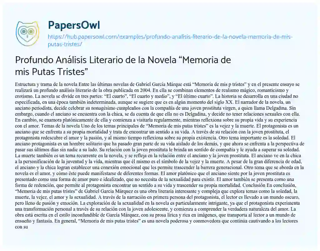Essay on Profundo Análisis Literario de la Novela “Memoria de mis Putas Tristes”