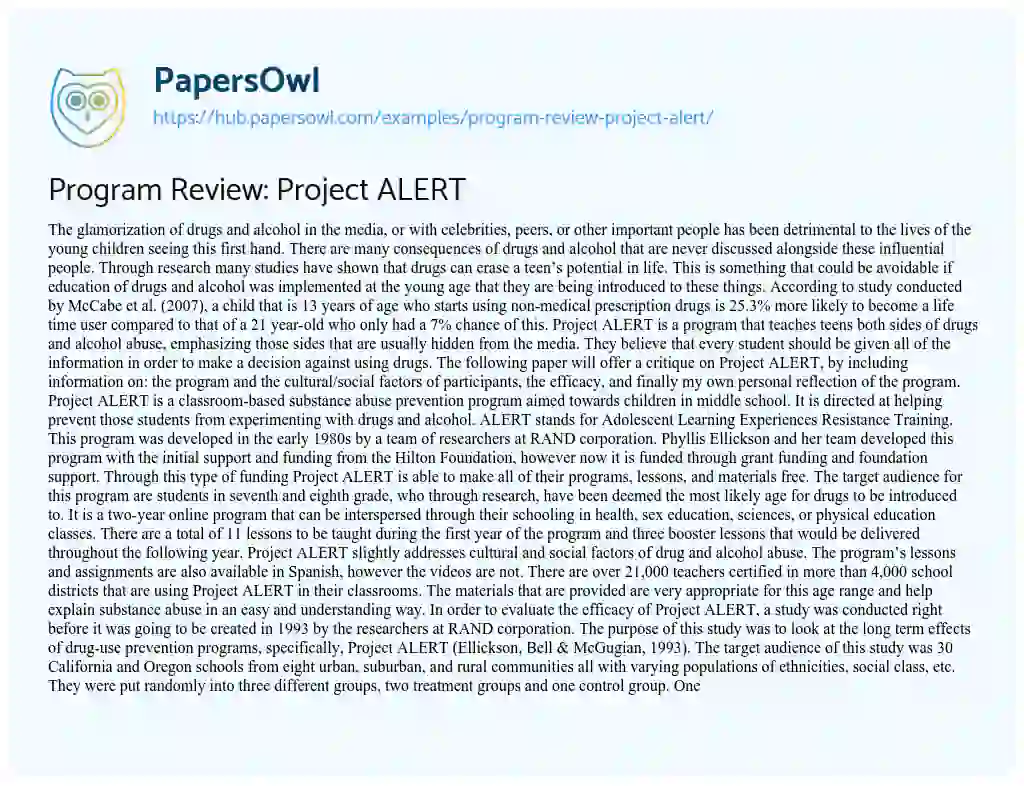 Essay on Program Review: Project ALERT