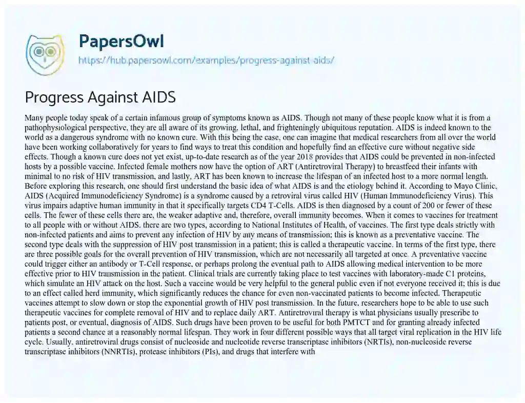 Essay on Progress Against AIDS
