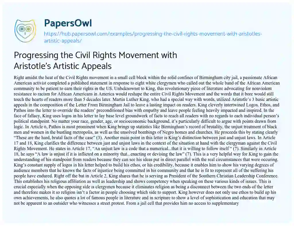 Essay on Progressing the Civil Rights Movement with Aristotle’s Artistic Appeals