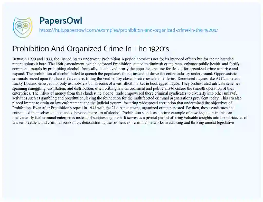 Essay on Prohibition And Organized Crime In The 1920’s