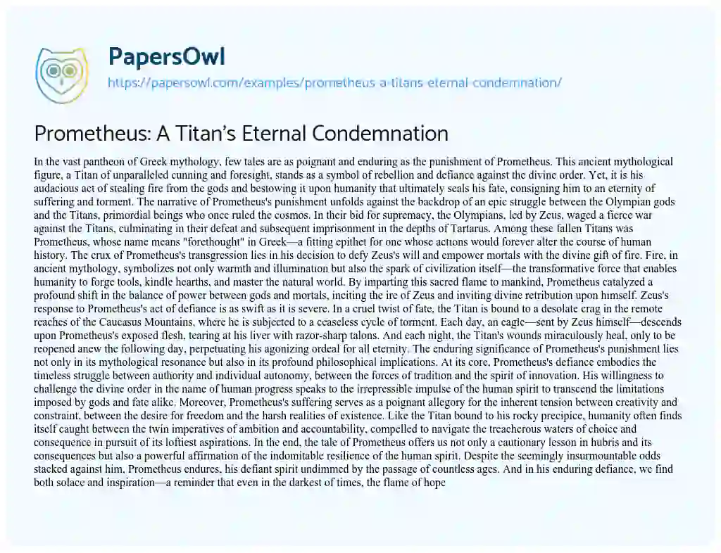 Essay on Prometheus: A Titan’s Eternal Condemnation