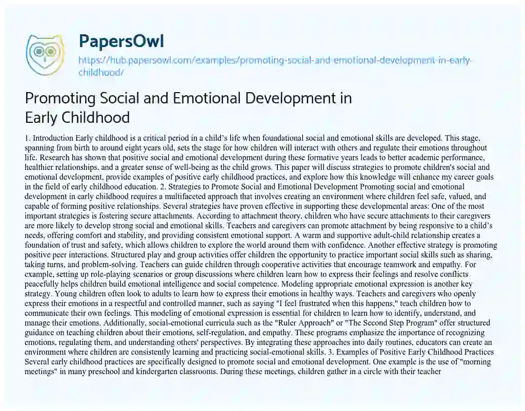 Essay on Promoting Social and Emotional Development in Early Childhood