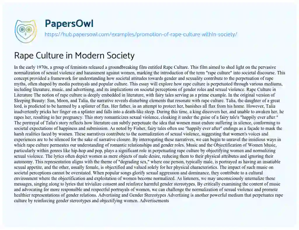 Essay on Rape Culture in Modern Society