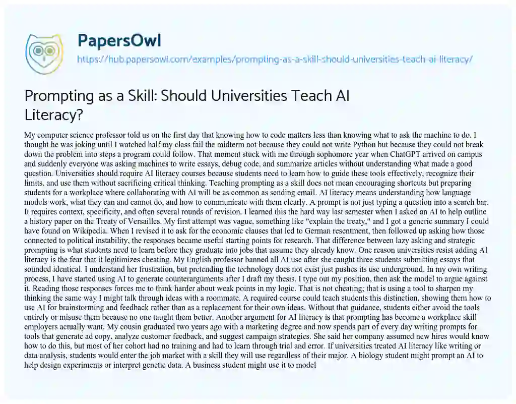 Essay on Prompting as a Skill: Should Universities Teach AI Literacy?