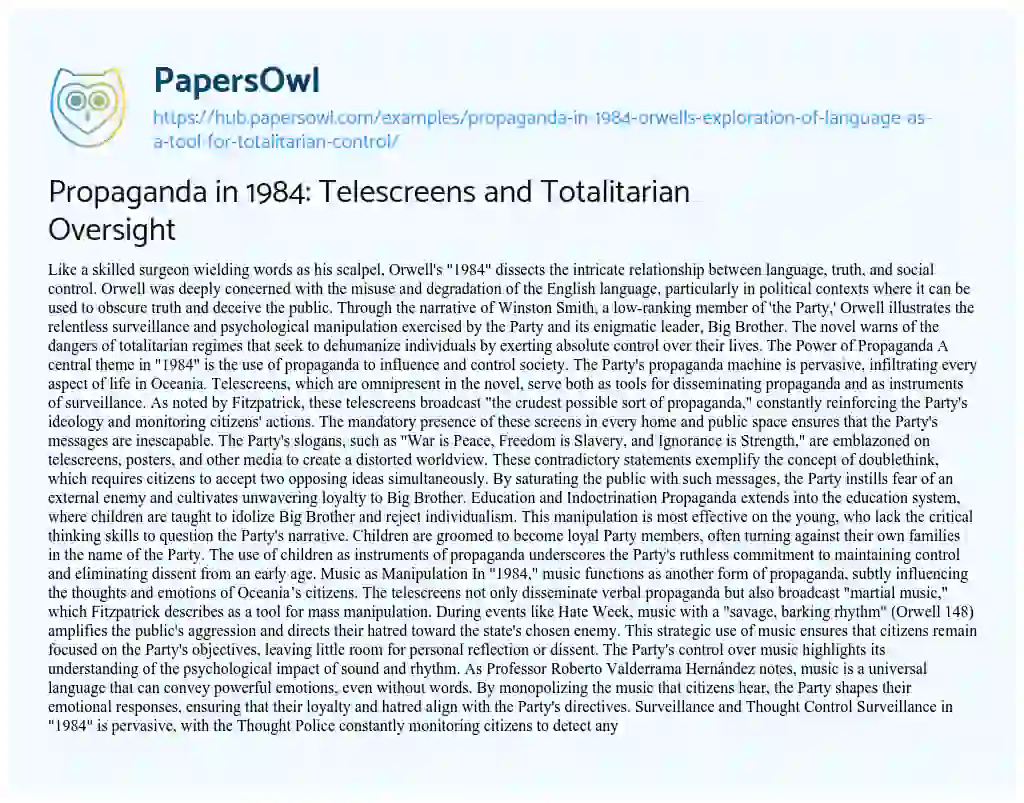 Essay on Propaganda in 1984: Telescreens and Totalitarian Oversight