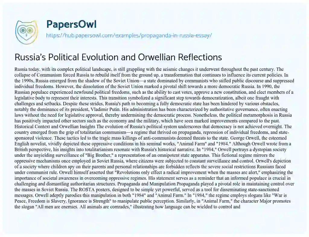 Essay on Russia’s Political Evolution and Orwellian Reflections