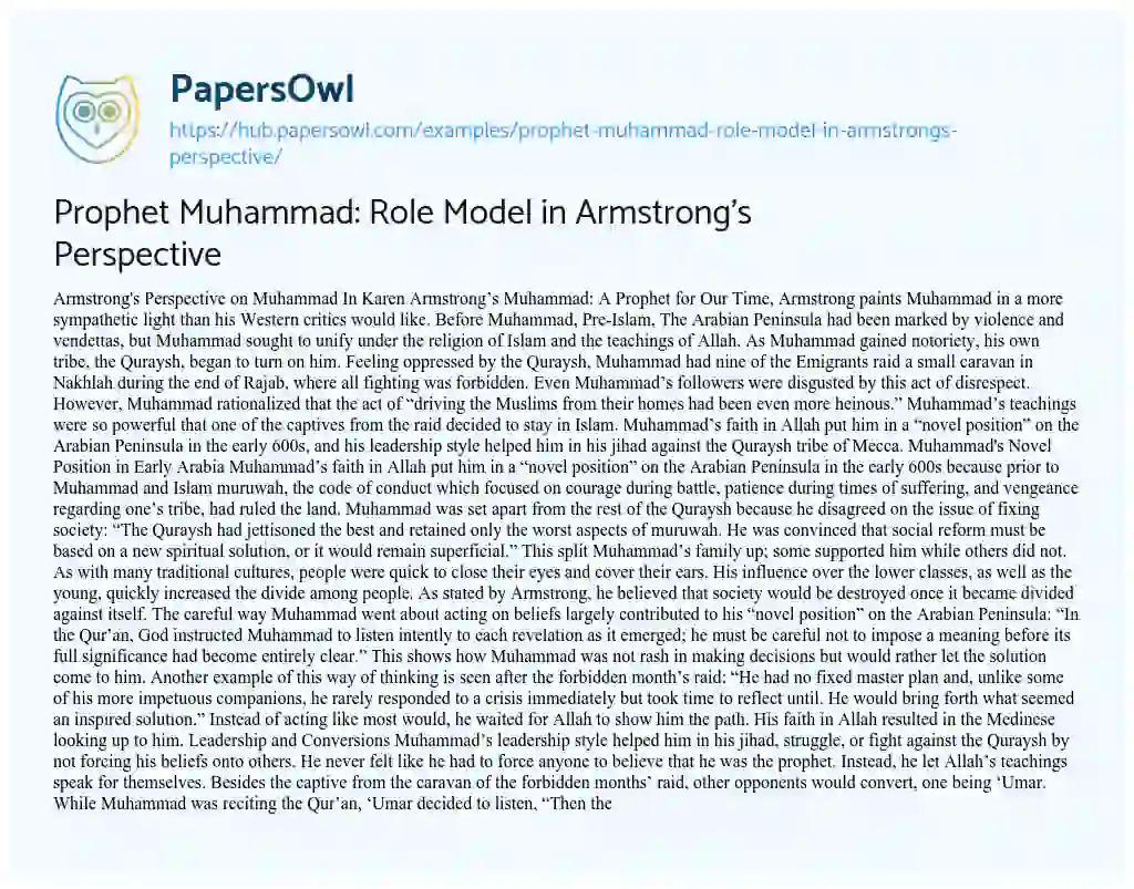 Essay on Prophet Muhammad: Role Model in Armstrong’s Perspective