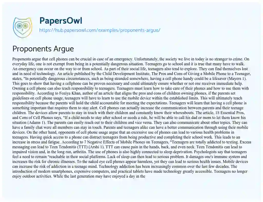 Essay on Proponents Argue