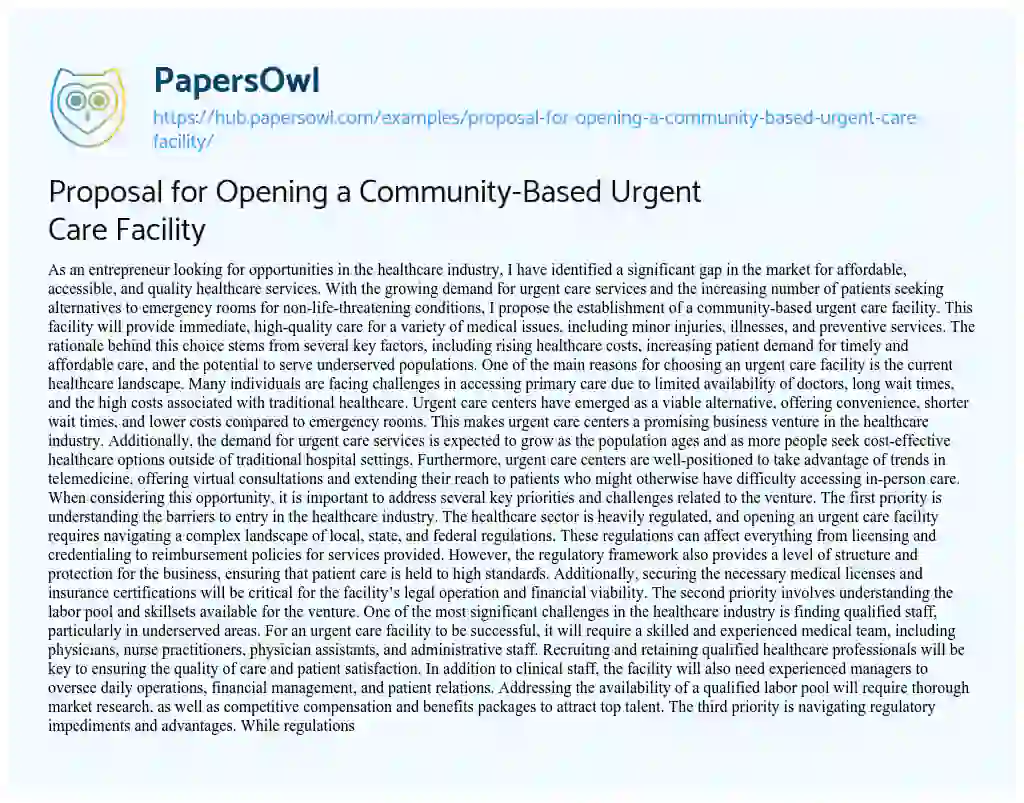 Essay on Proposal for Opening a Community-Based Urgent Care Facility