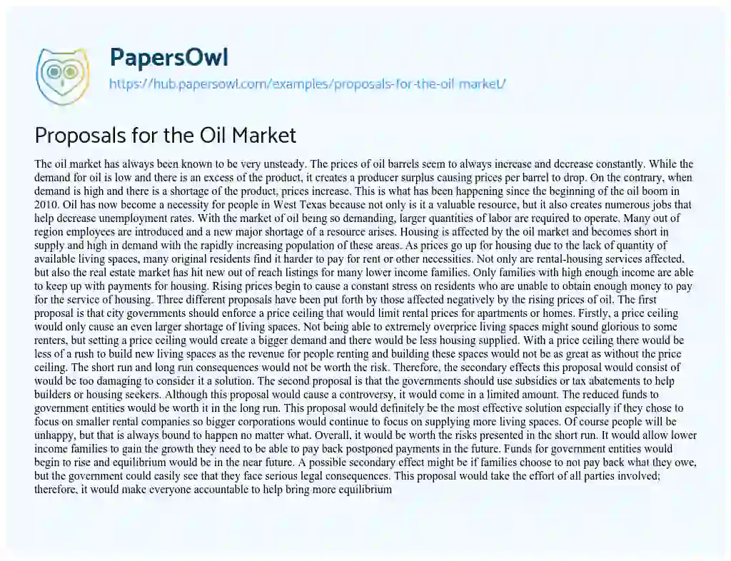 Essay on Proposals for the Oil Market