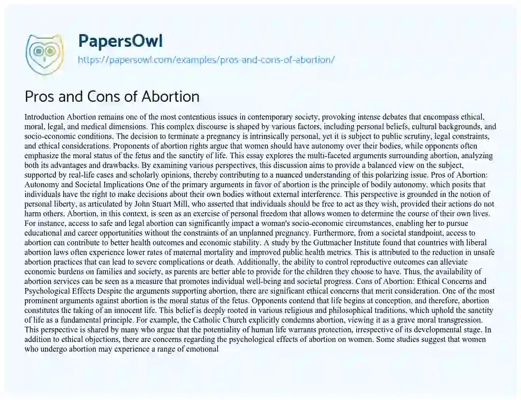 Essay on Pros and Cons of Abortion