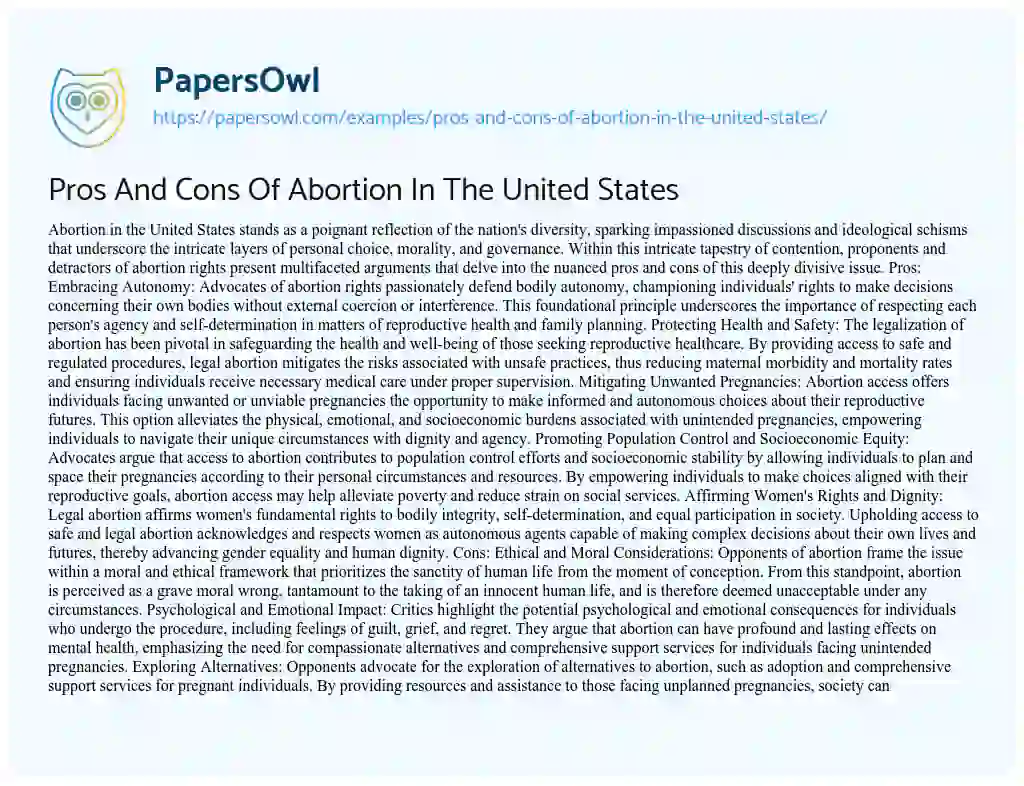 Essay on Pros And Cons Of Abortion In The United States