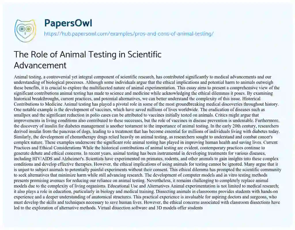 Essay on The Role of Animal Testing in Scientific Advancement