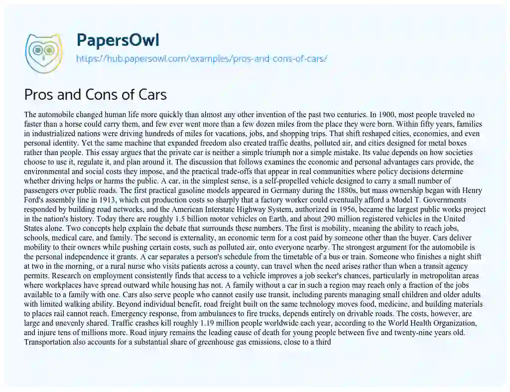 Essay on Pros and Cons of Cars