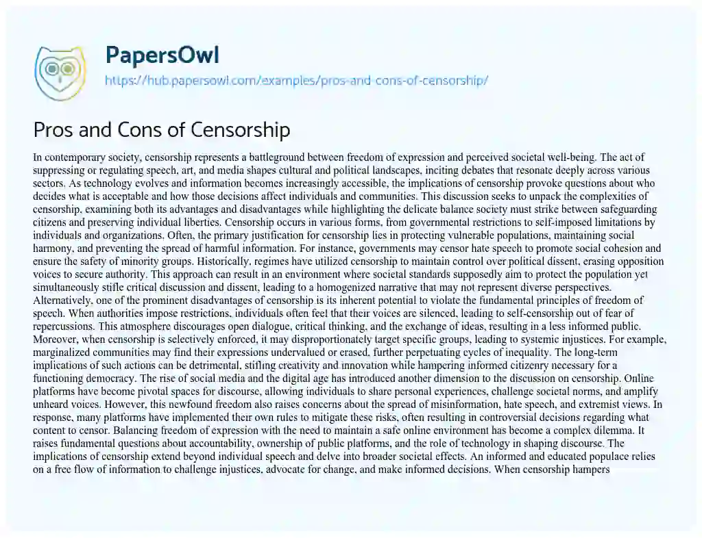 Essay on Pros and Cons of Censorship