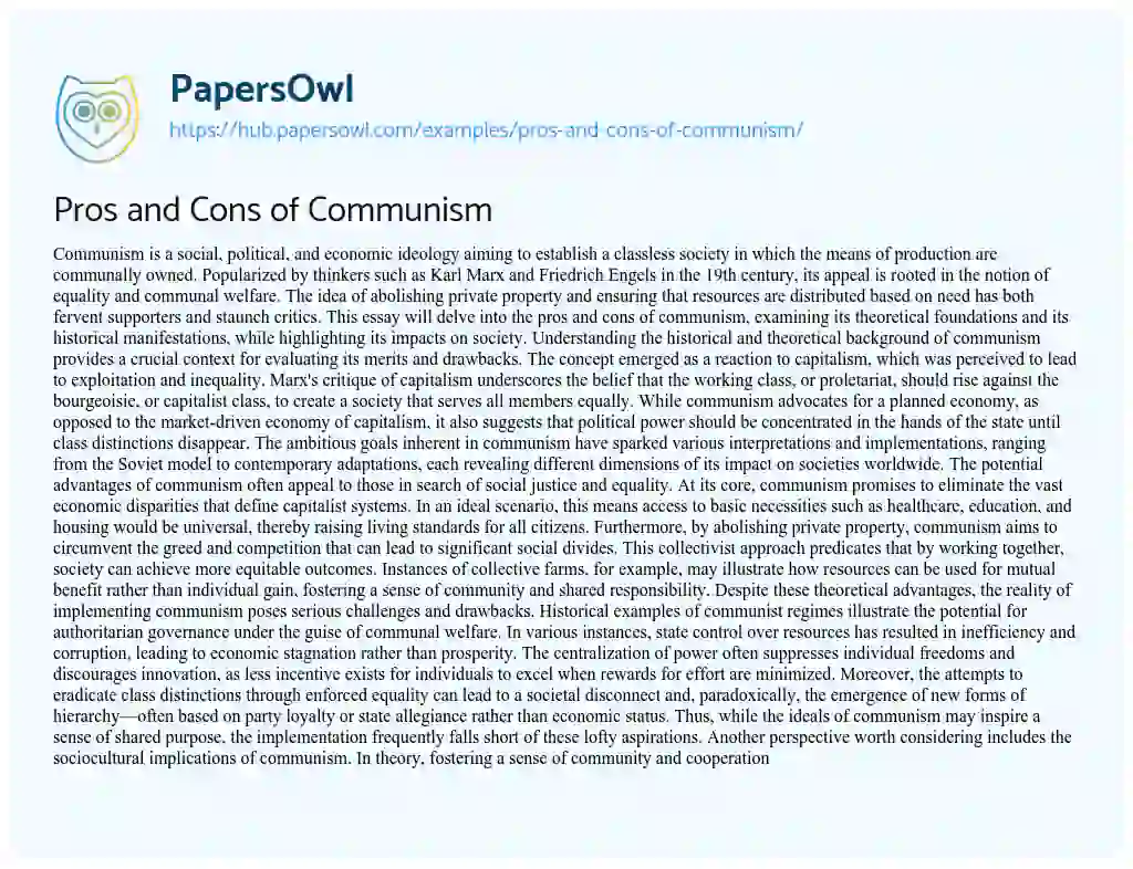 Essay on Pros and Cons of Communism