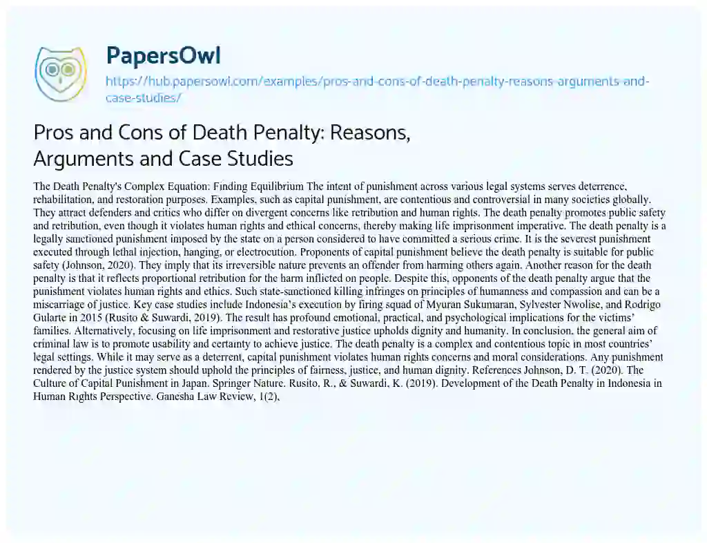 Essay on Pros and Cons of Death Penalty: Reasons, Arguments and Case Studies