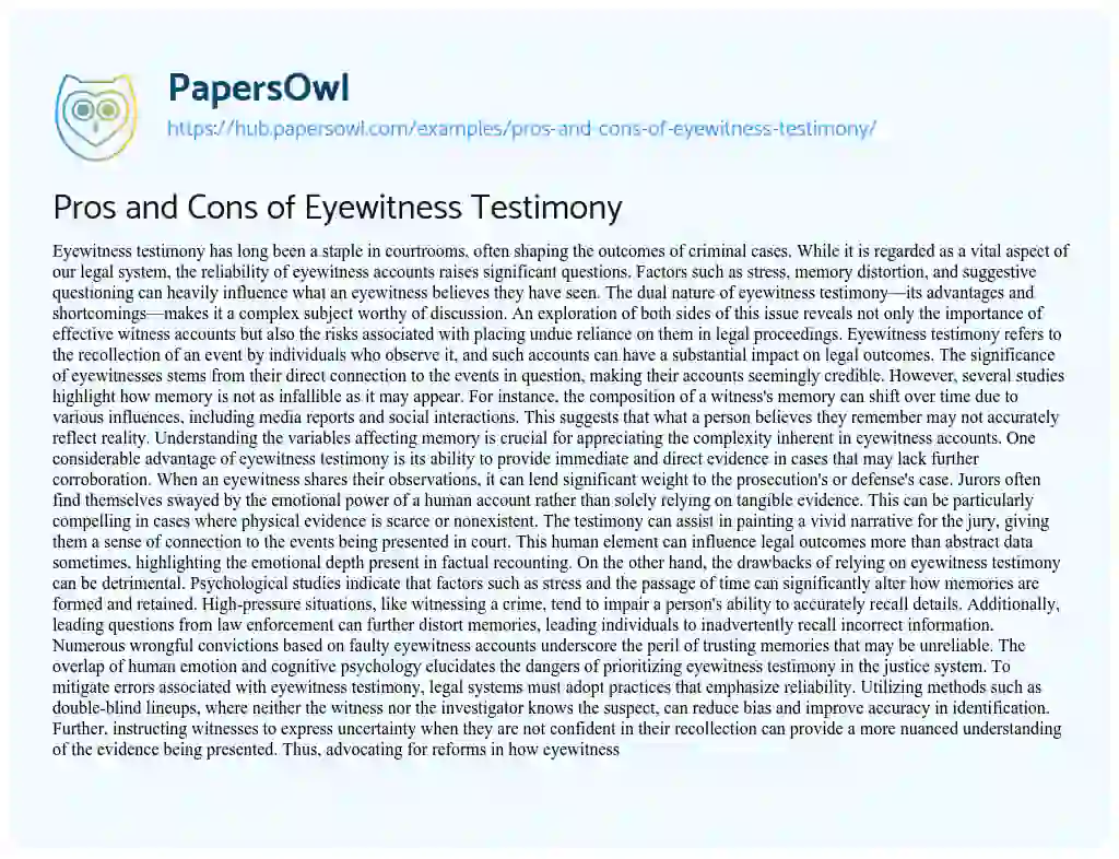 Essay on Pros and Cons of Eyewitness Testimony