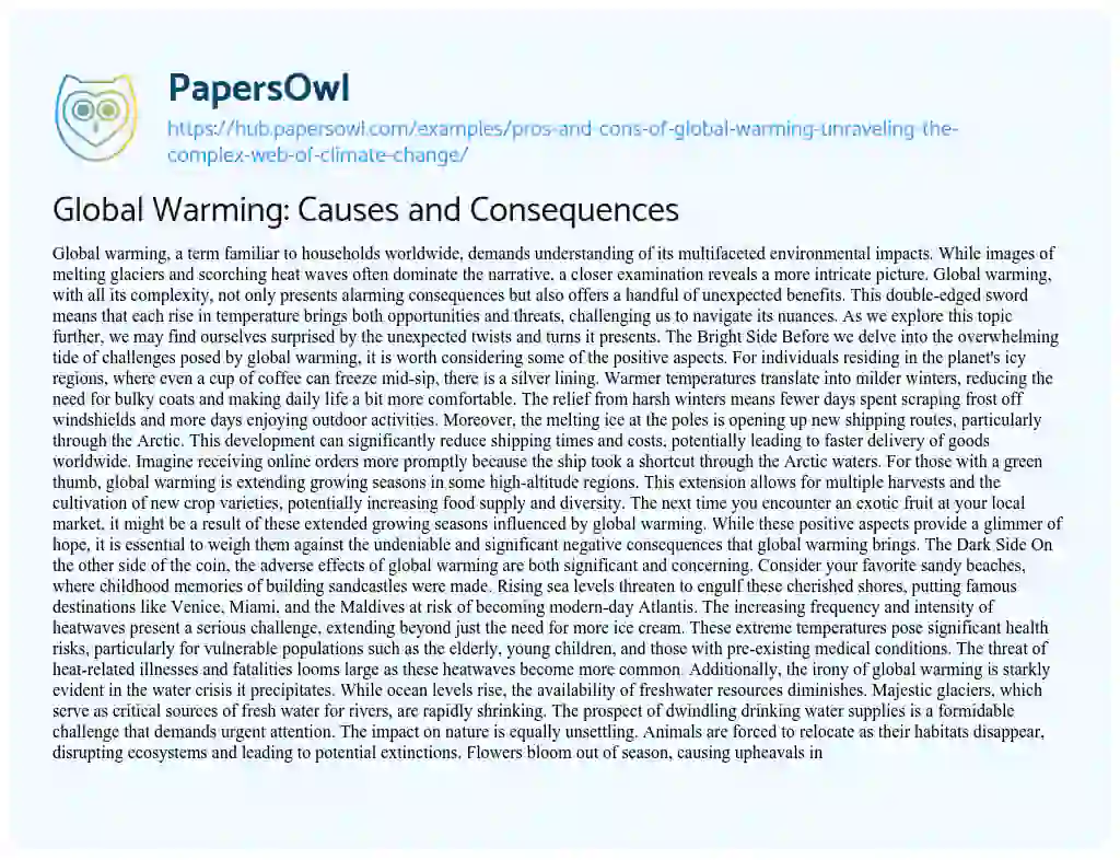 Essay on Global Warming: Causes and Consequences