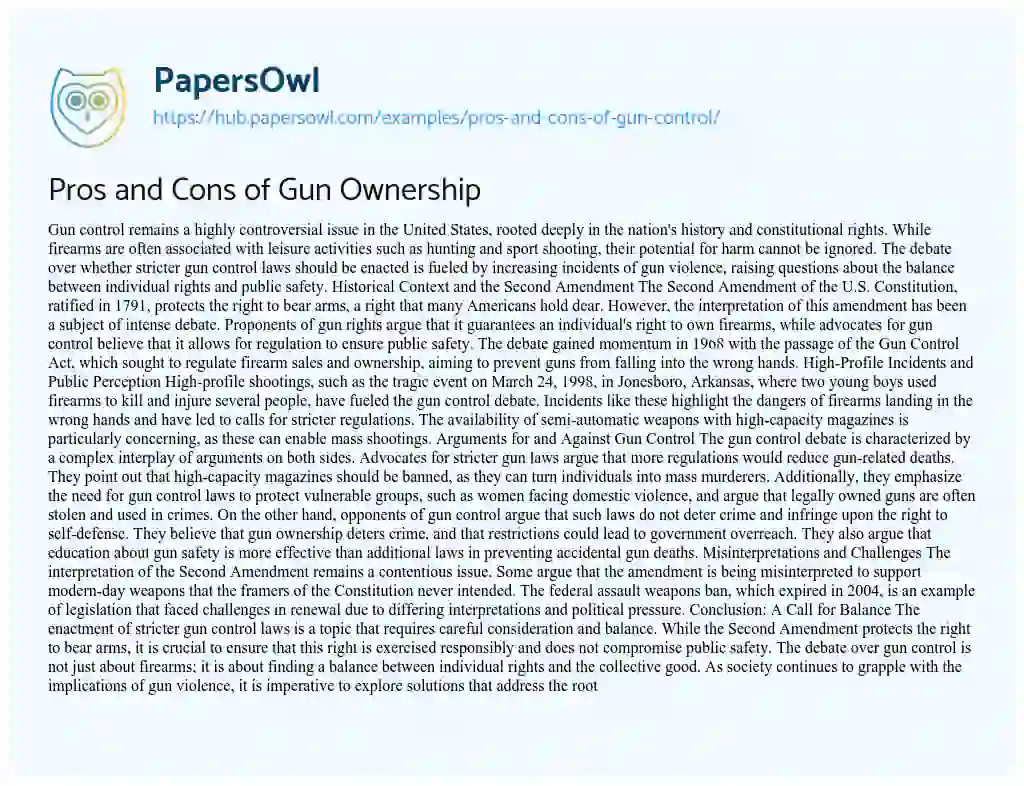 Essay on Pros and Cons of Gun Ownership