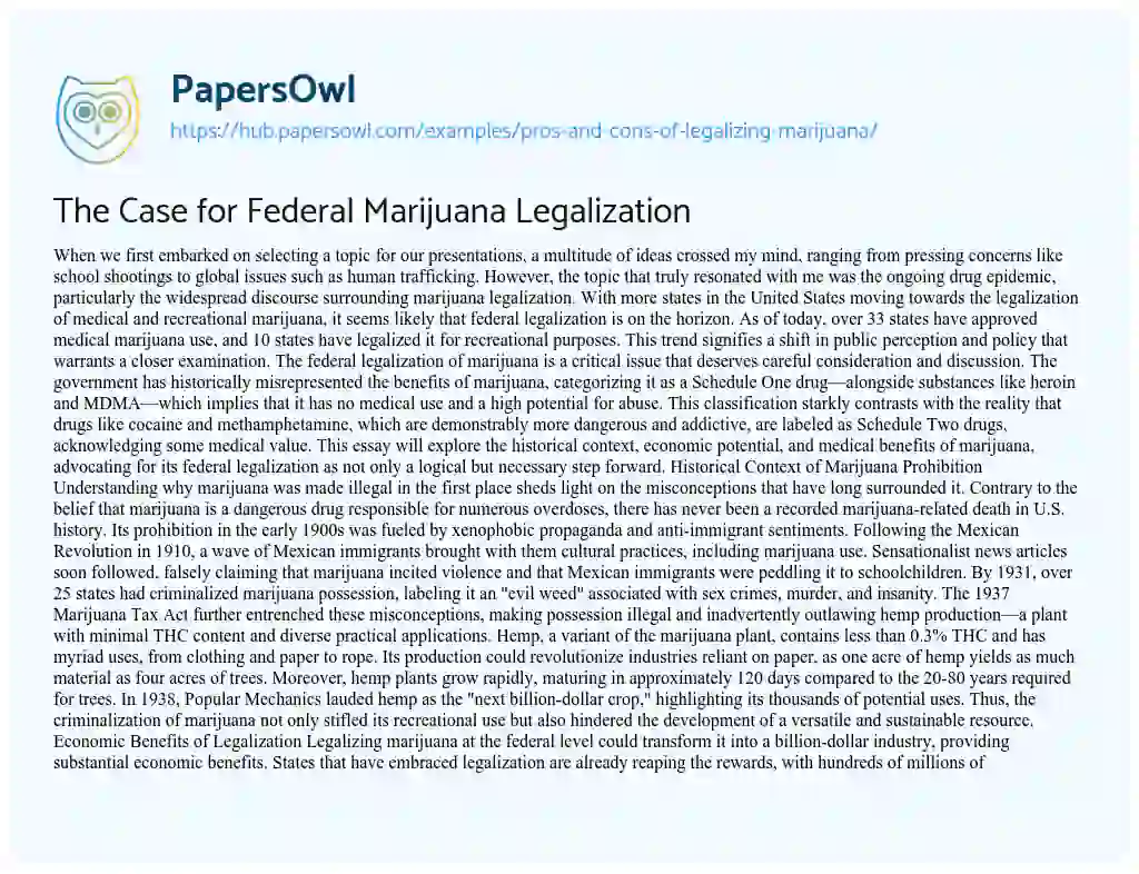 Essay on The Case for Federal Marijuana Legalization