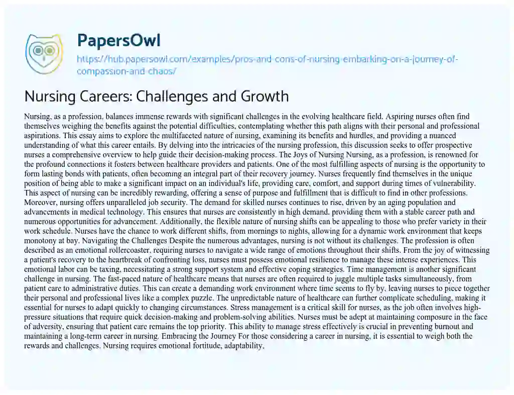 Essay on Nursing Careers: Challenges and Growth