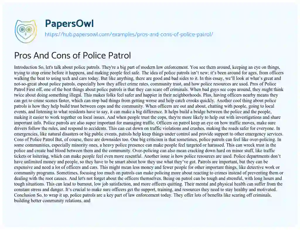 Essay on Pros And Cons of Police Patrol
