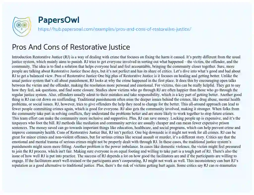 Essay on Pros And Cons of Restorative Justice