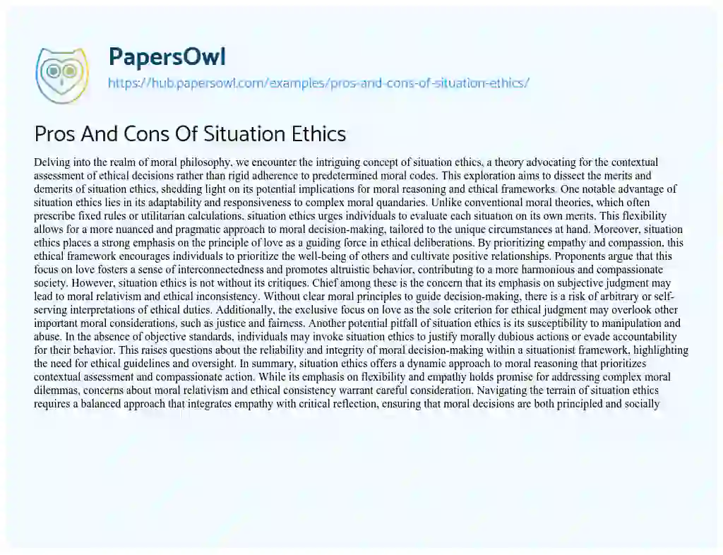 Essay on Pros And Cons Of Situation Ethics