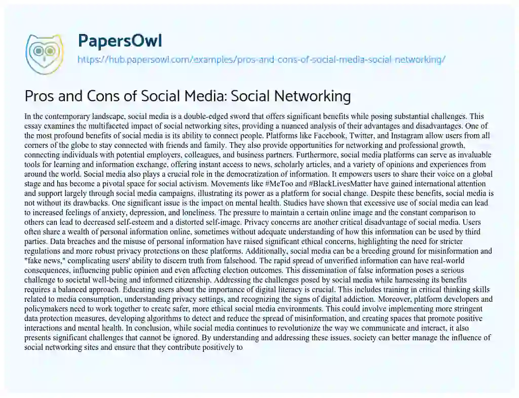 Essay on Pros and Cons of Social Media: Social Networking