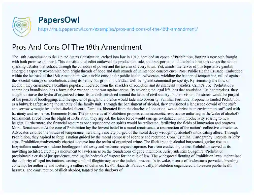 Essay on Pros And Cons Of The 18th Amendment