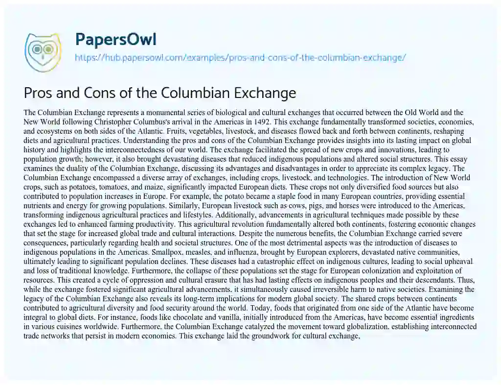 Essay on Pros and Cons of the Columbian Exchange