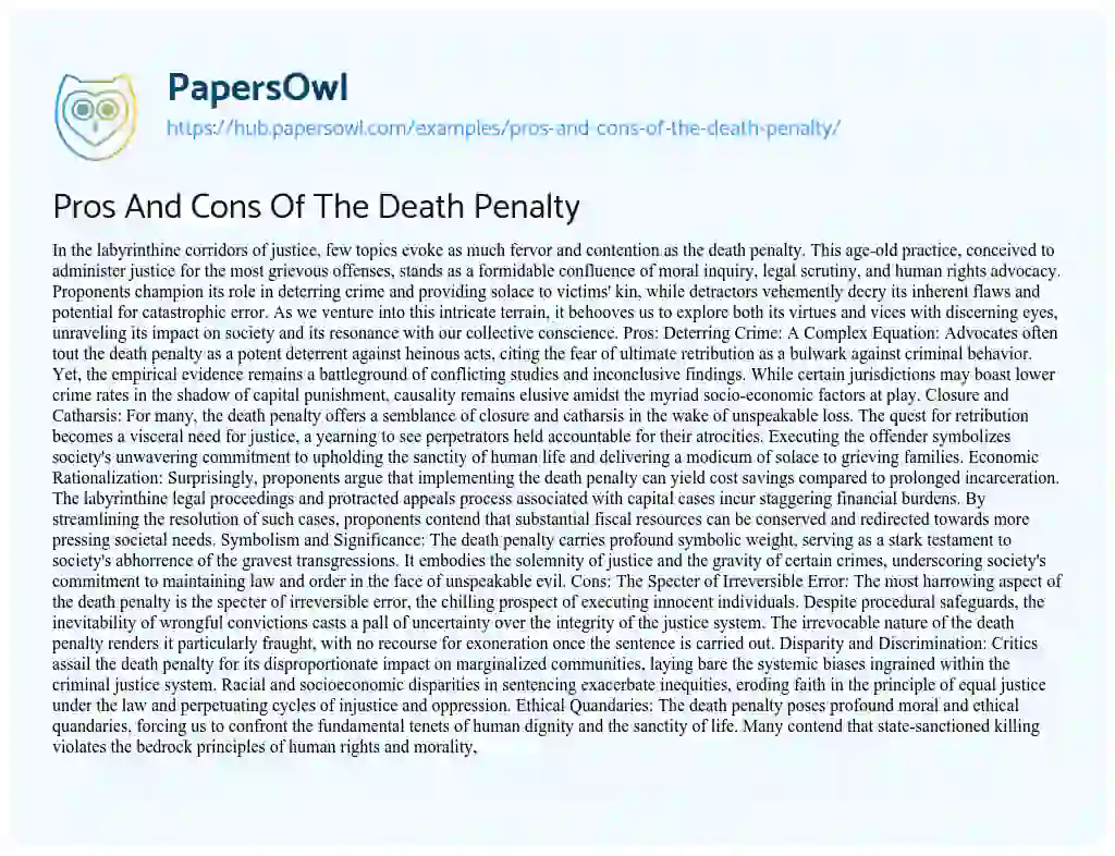 Essay on Pros And Cons Of The Death Penalty