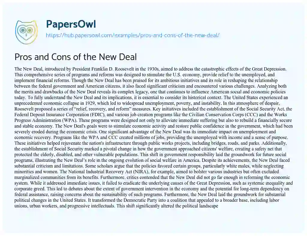 Essay on Pros and Cons of the New Deal