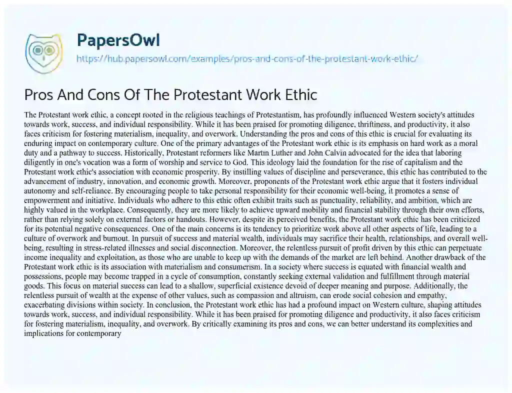 Essay on Pros And Cons Of The Protestant Work Ethic