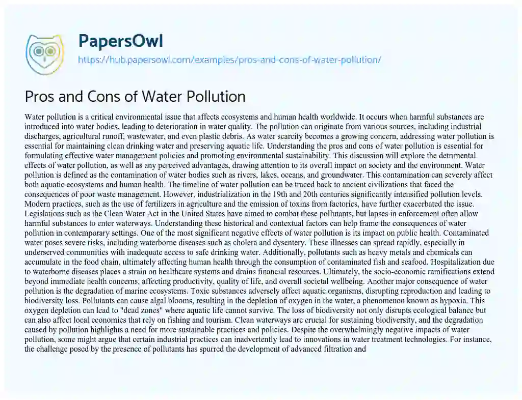 Essay on Pros and Cons of Water Pollution