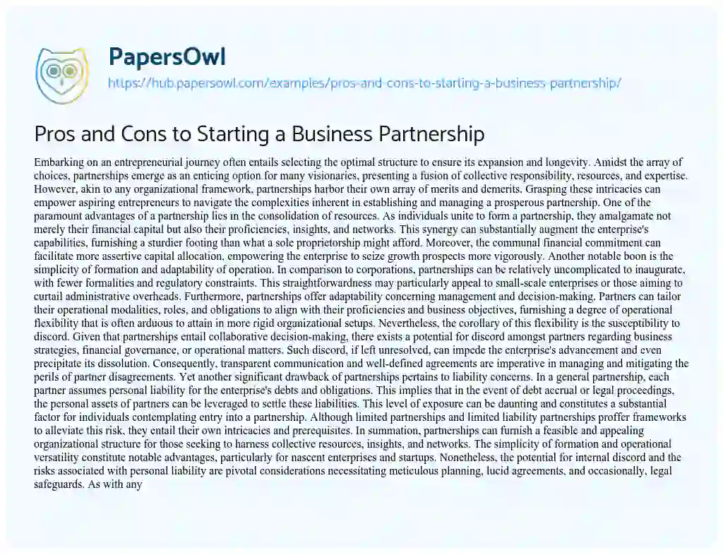 Essay on Pros and Cons to Starting a Business Partnership