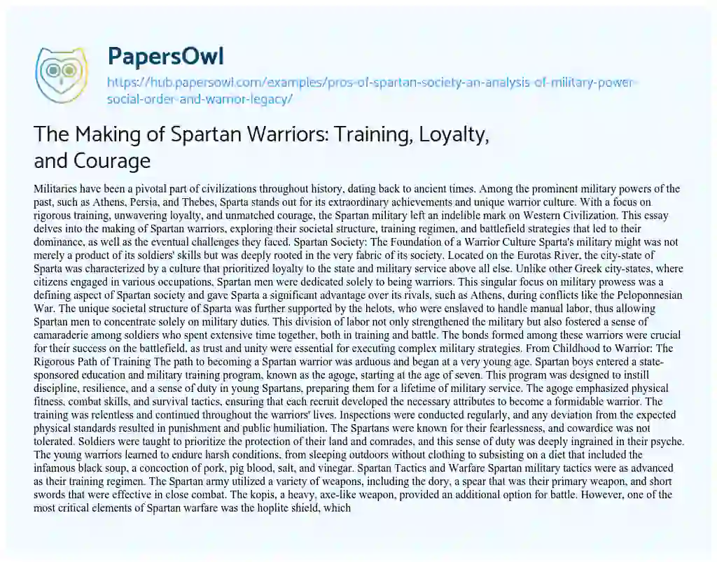 Essay on The Making of Spartan Warriors: Training, Loyalty, and Courage