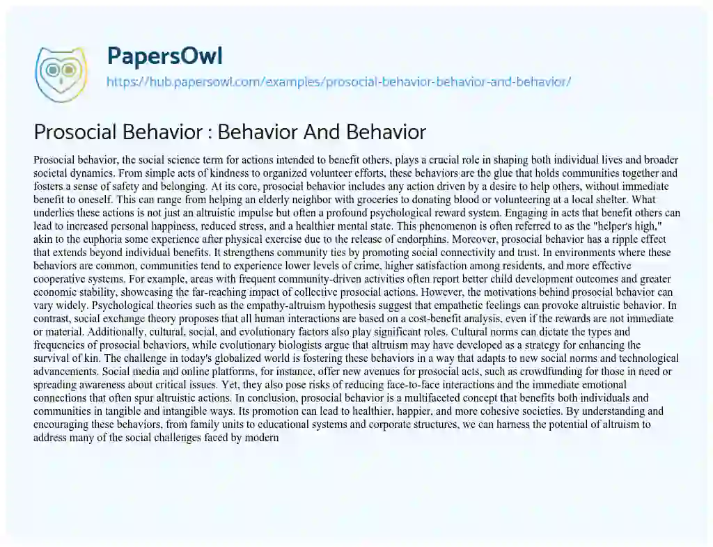 Essay on Prosocial Behavior : Behavior And Behavior