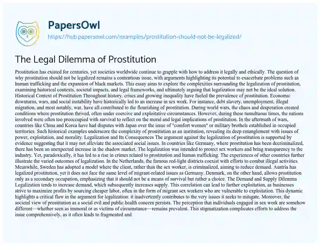 Essay on The Legal Dilemma of Prostitution