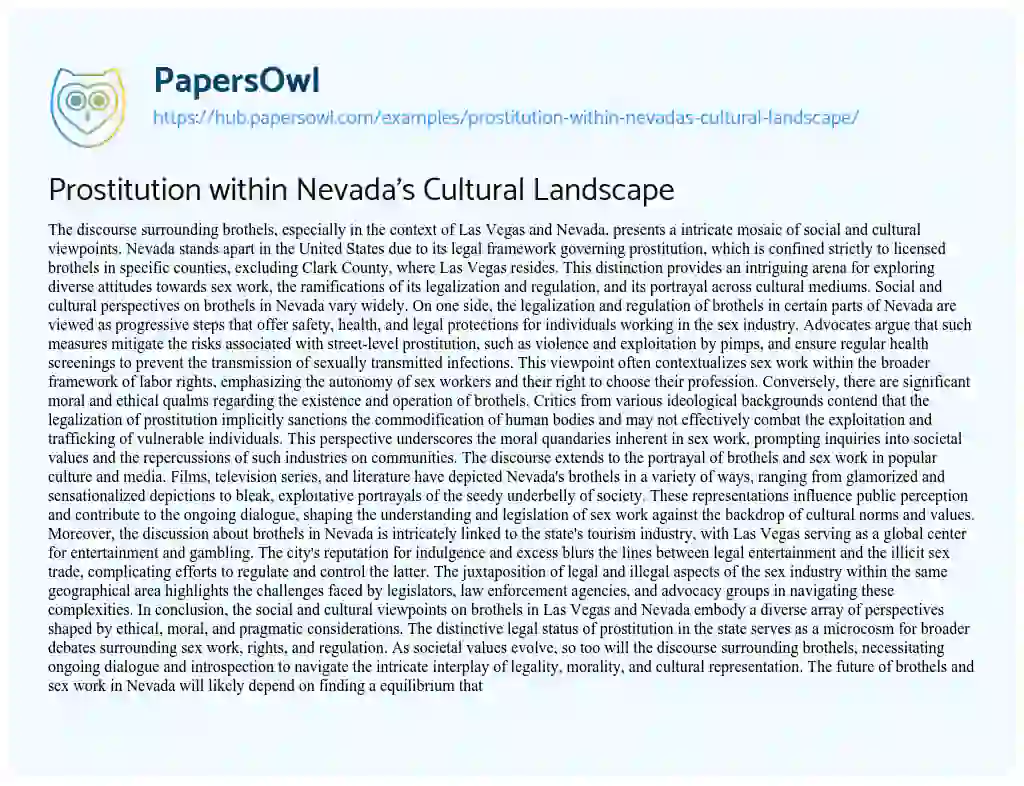 Essay on Prostitution within Nevada’s Cultural Landscape